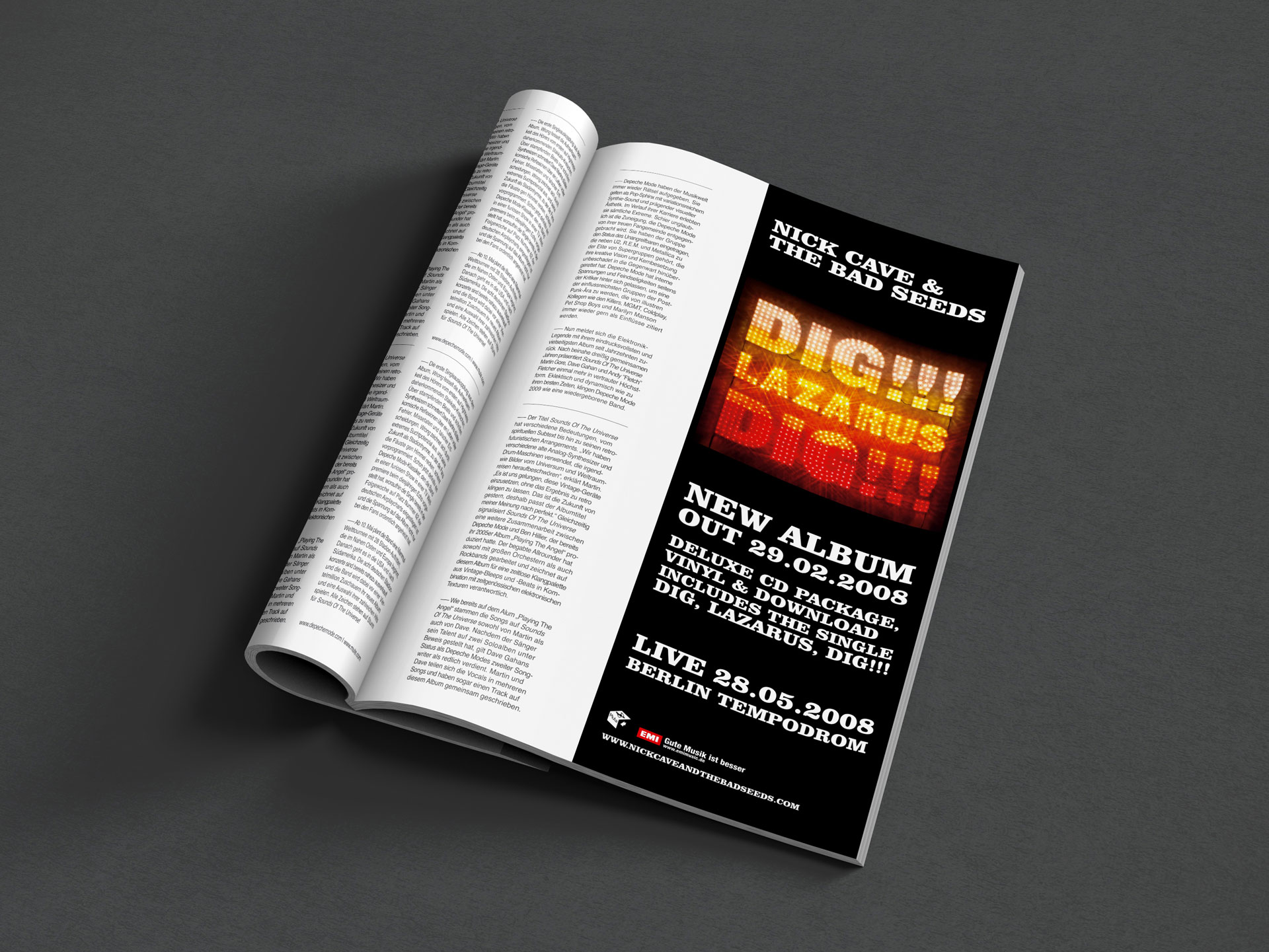 Anzeigengestaltung für Nick Cave & The Bad Seeds, gestaltet von Ossig Design aus Berlin.